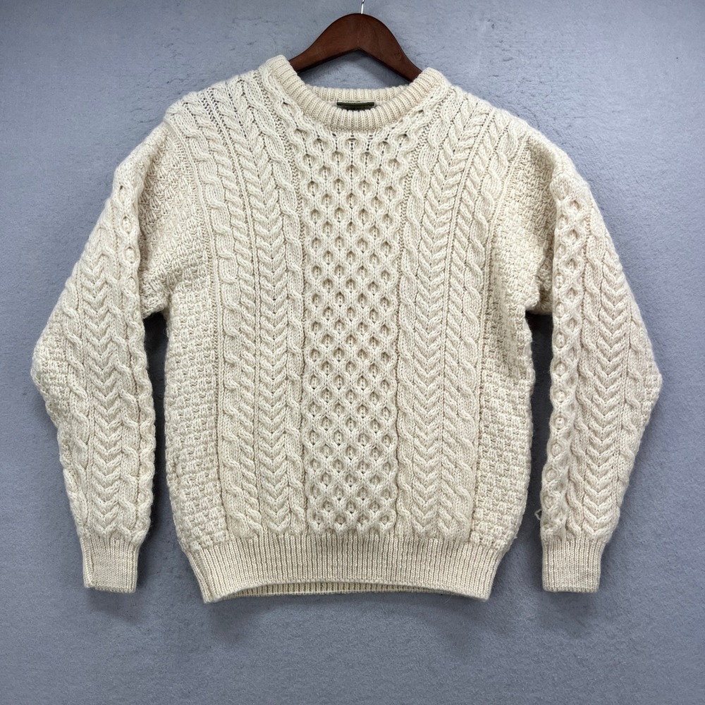 Carraig Donn Sweater Mens Small Cream Aran Cable Knit Wool Ireland Fisherman